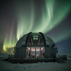 A stunning domeshaped observatory nestled in a snowy landscape, with the mesmerizing Northern Lights dancing across the night sky
