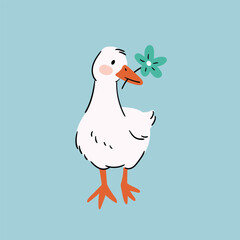 White goose birthday card design. Vector cute bird isolated element design on mint background. Funny birthday party design
