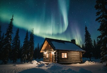 A cozy log cabin nestled in a snowy forest under the mesmerizing glow of the Northern Lights, creating a serene winter wonderland scene