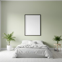 Serene Bedroom Mockup with Minimalist Design and Soft Green Walls.