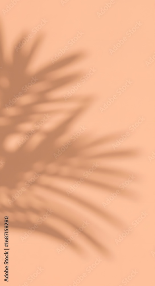Poster shadow of a palm frond cast on a light peach-colored wall, creating an abstract and minimalist botan
