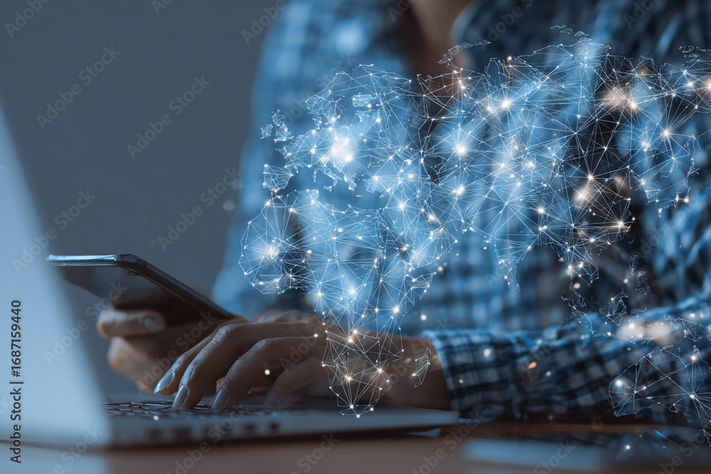 Poster global network connection person using laptop and phone digital world map