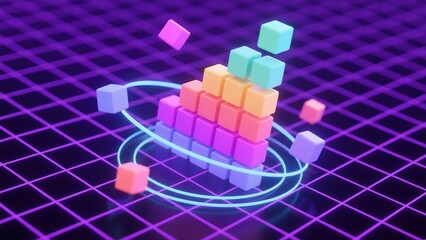 Stacked colorful cubes form a rising pyramid on a neon grid, conveying performance improvement and positive metrics. Great for analytics articles, marketing, slide covers and product pages.