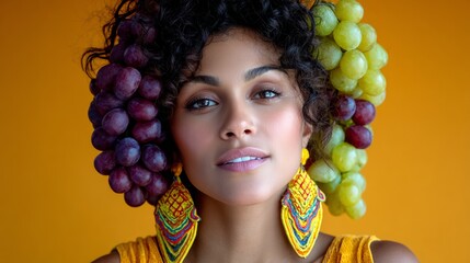 Woman wearing yellow earrings and holding a bunch of grapes. The grapes are in different colors and the woman is smiling