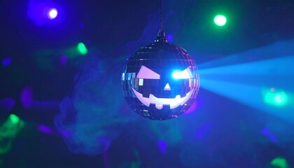 A spooky disco ball with a jack-o'-lantern face, bathed in vibrant club lights