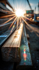 Sunburst over stacked lumber creates a dramatic effect. The golden light adds warmth to the industrial materials.