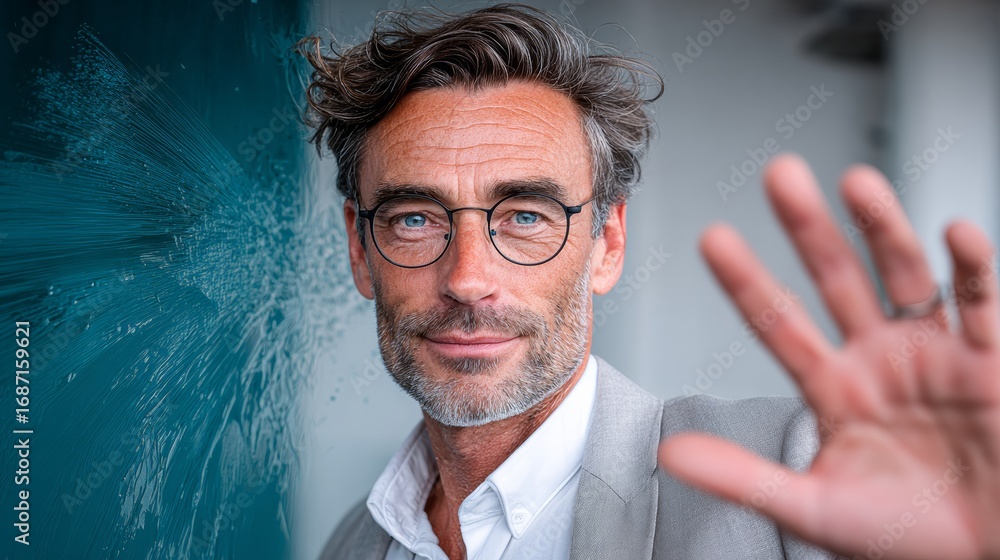 Poster man with glasses is standing in front of a window, looking out at the world. he is wearing a gray ja