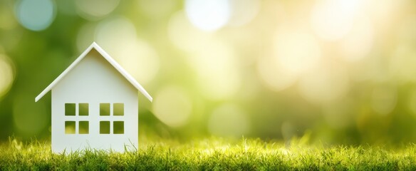 The small house model on grass with a beautiful green background.