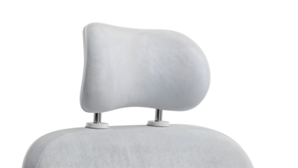 Modern ergonomic office chair headrest in light grey fabric with adjustable metal supports isolated on the transparent background