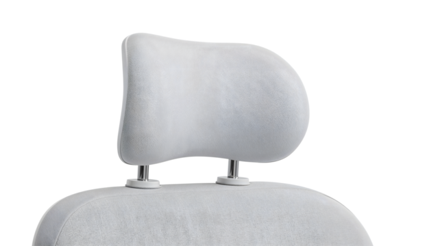 Modern ergonomic office chair headrest in light grey fabric with adjustable metal supports isolated on the transparent background