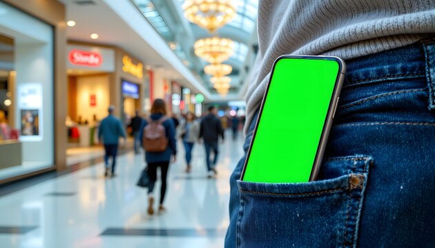 Digital Pocket: A close-up captures a smartphone with a vibrant green screen, snugly nestled in the pocket of a person walking in a commercial center.