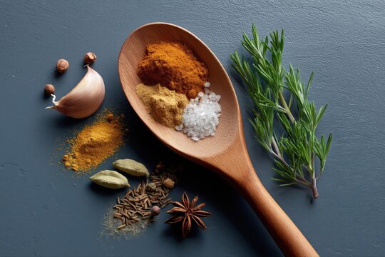 Assorted spices with wooden spoon and rosemary on slate surface