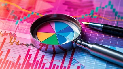 Magnifying glass and pen are placed on colorful market charts as data analysis takes center stage in a finance setting - Powered by Adobe