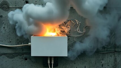 Smoke and sparks erupt from a malfunctioning wall outlet as an electrical short circuit occurs during a typical day indoors