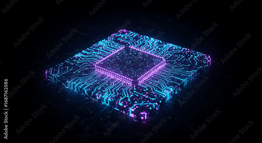 Poster digital core: an illuminated microchip, representing the essence of modern technology and data proce