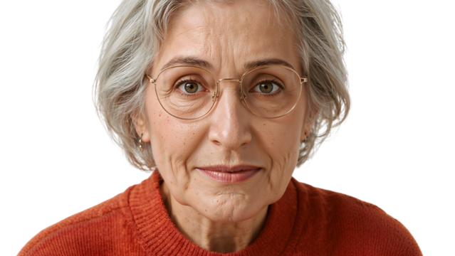 Portrait of confident senior woman with gray hair wearing glasses and red sweater on the transparent background