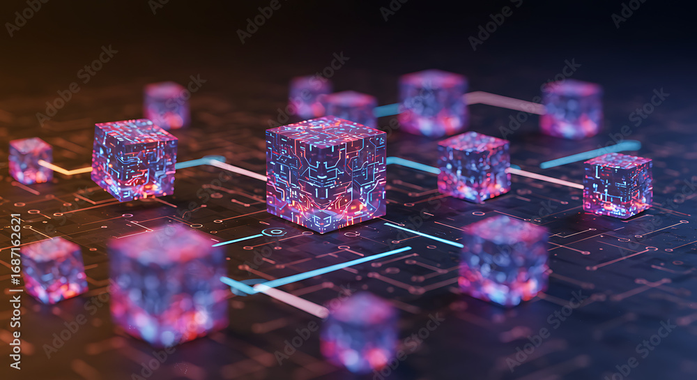 Poster connected blocks: futuristic digital illustration depicting interconnected data blocks on a circuit 
