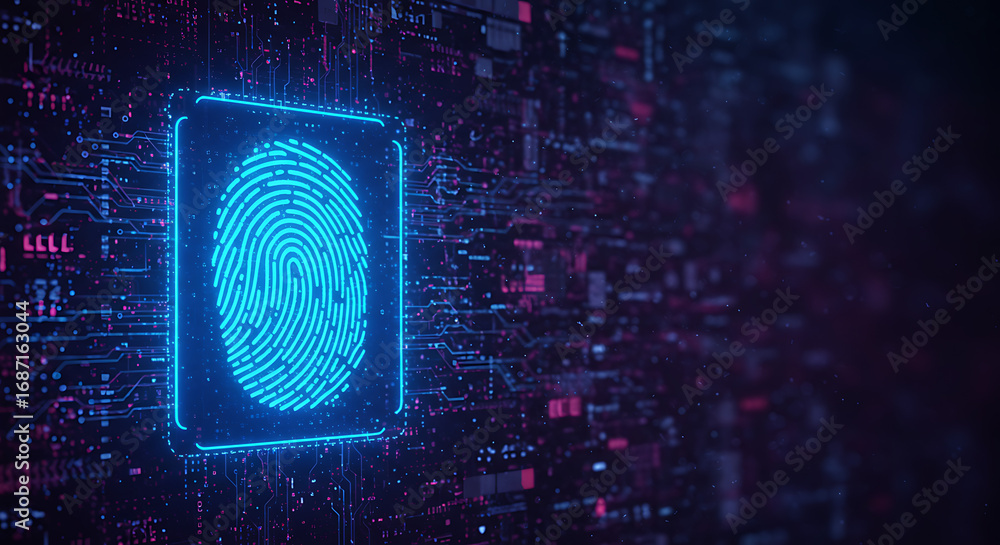 Poster digital fingerprint security: a glowing digital fingerprint superimposed on a complex circuit board,