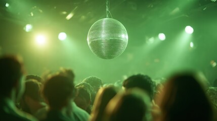 Shimmering Disco Ball Hanging Over a Lively Dance Floor with Green Lights and Enthusiastic Partygoers in a Nightclub Setting