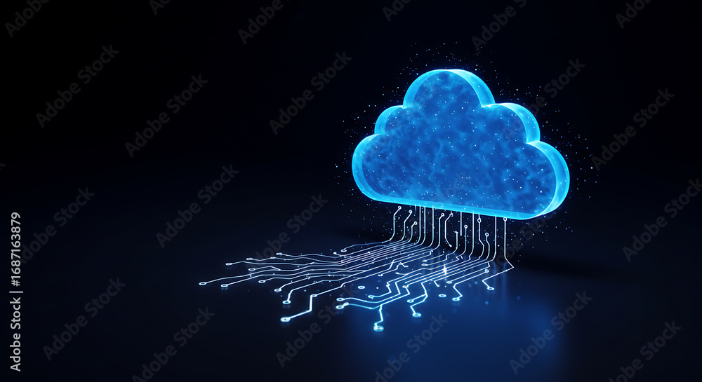 Poster digital cloud connection: an illuminating digital rendering of a cloud, interconnected with a circui