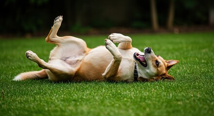 A tan  white dog collar visible lays bellyup on bright green grass tongue lolling with all four paws playfully raised