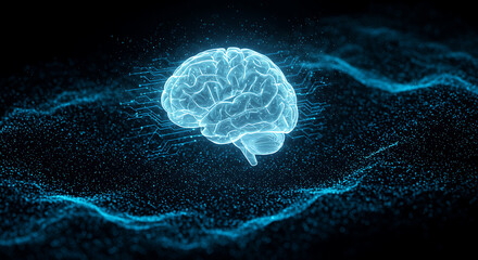 Mind's Digital Essence: A glowing representation of the human brain, set against a vibrant, digital, oceanic landscape, showcasing the depths of thought and consciousness.