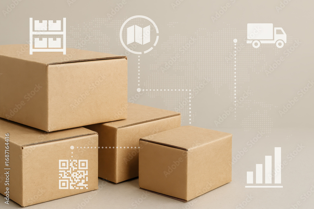 Poster supply chain logistics management involves warehouse storage and inventory control using cardboard b