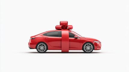 Fototapeta premium Stylish Red Car Decorated with a Bright Red Bow Against a Crisp White Background, Perfect for Celebrations and Gift Giving Moments