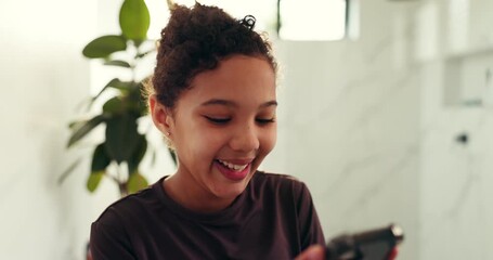 Social media, laugh or kid with phone in bathroom, funny video or games on digital app. Streaming, scroll or girl smile with screen time on mobile in home, online meme or watch show for entertainment