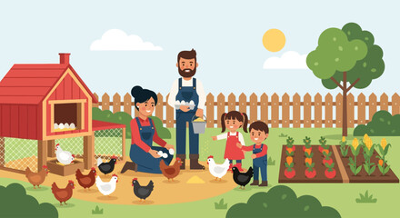 Naklejka premium A cheerful family works together on their farm, feeding chickens, collecting fresh eggs, and tending to their vibrant vegetable garden under the sunny sky.