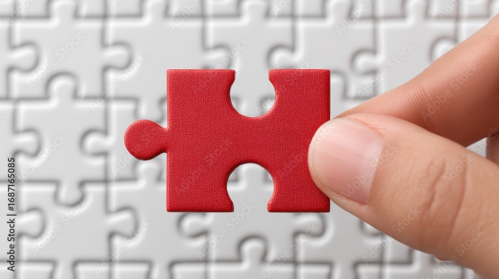 Poster close-up of a hand holding a single red puzzle piece against a white puzzle background symbolizing p
