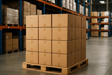 Cardboard boxes stacked on wooden pallet in warehouse storage area illustrate supply chain logistics management and efficient inventory organization for distribution