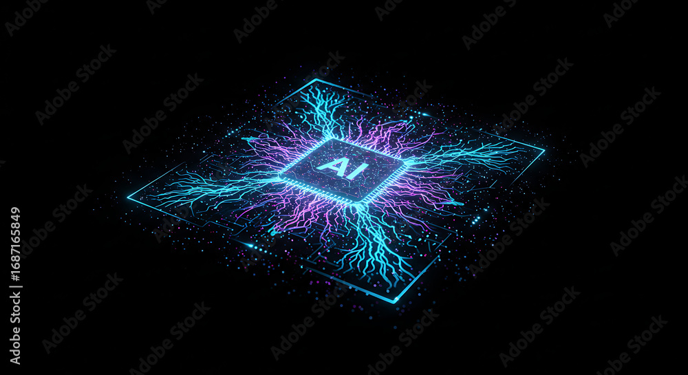 Poster ai processor: the image features a glowing ai processor against a dark background. the design symbol