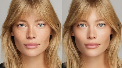 Woman showing skin before and after makeup or retouching