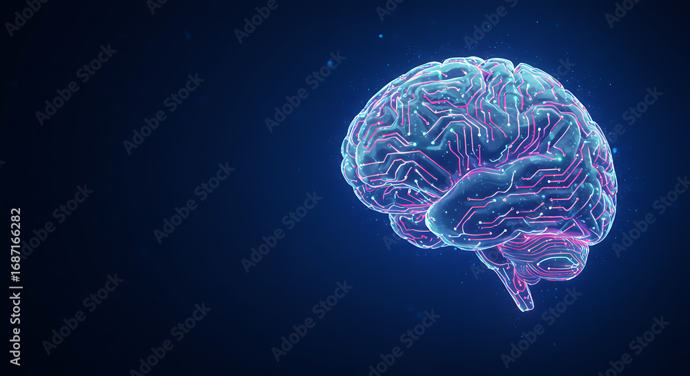 Poster brain of innovation: a luminous rendering of a human brain, its intricate network of neural pathways
