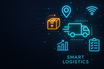 Obraz premium Smart logistics supply chain management integrates warehouse storage and inventory solutions with technology icons including delivery truck, package, location, wifi, chart and checklist glowing