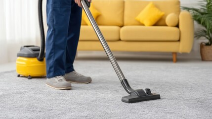 Person Vacuuming Gray Carpet in Living Room with Yellow Couch and Decorative Pillows for Cleanliness and Home Care Concept