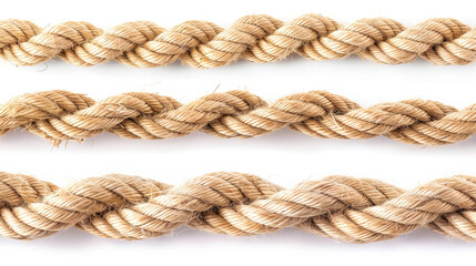 Fototapeta premium Coiled Ropes: A close-up, detailed image captures three lengths of thick, coiled ropes arranged side-by-side, showcasing the textures and natural tones of nautical cords. 