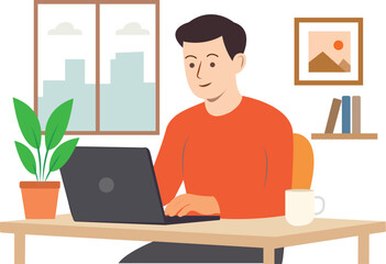 Businessman working on laptop, flat design illustration
