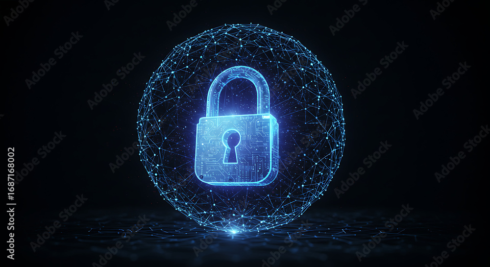 Poster digital fortress: an electrifying depiction of cybersecurity, where a digital lock glows at the core