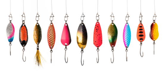 Colorful fishing lures hanging with transparent background