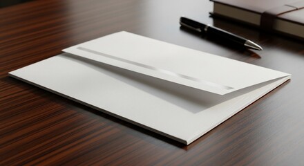 Crisp White Envelope with Silver Stripe on Dark Wood Desk with Pen and Notebook