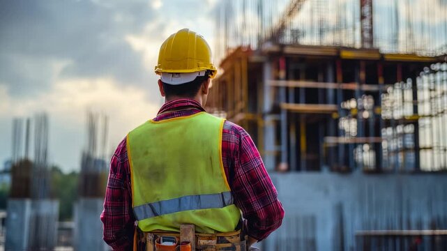 Construction worker contemplates urban development