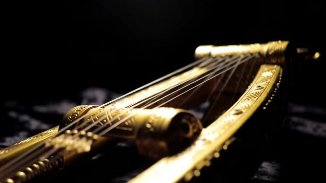 Closeup, dramatic shot of an ornate, golden ancient harp with intricate detailing and taut strings, set against a dark, moody background