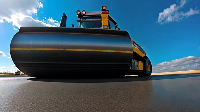 Workers are seen compacting asphalt with a heavy roller under a bright sky during daytime at a construction site