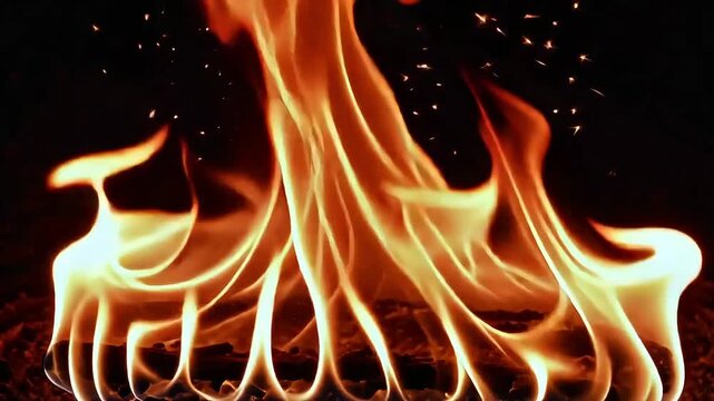 Dynamic fiery flames dance with glowing embers creating a mesmerizing inferno