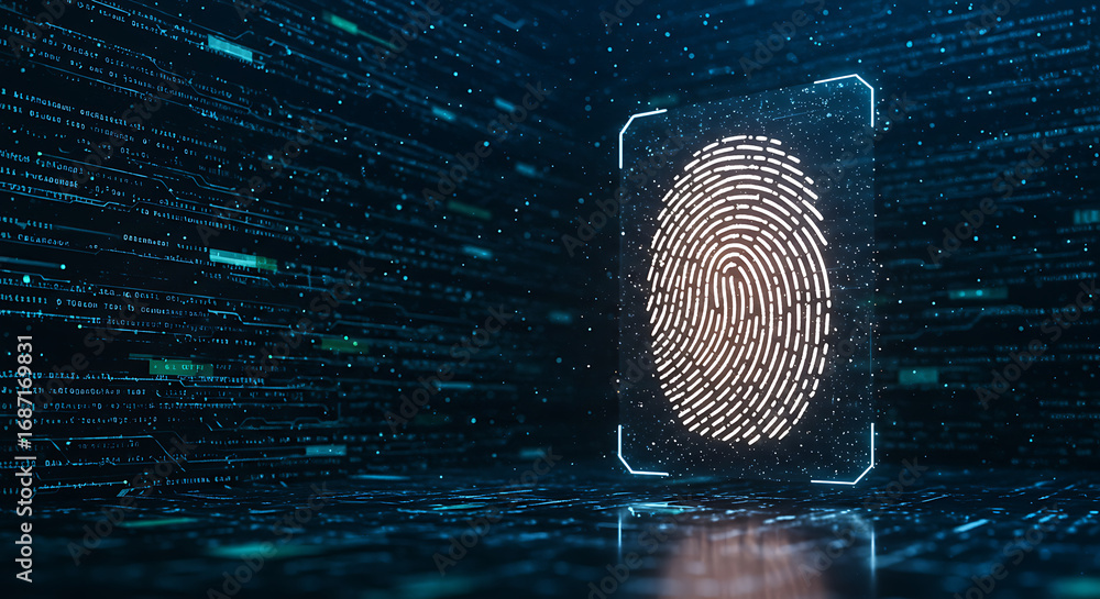 Poster digital fingerprint: a high-tech visualization of a fingerprint, radiating an aura of data security 