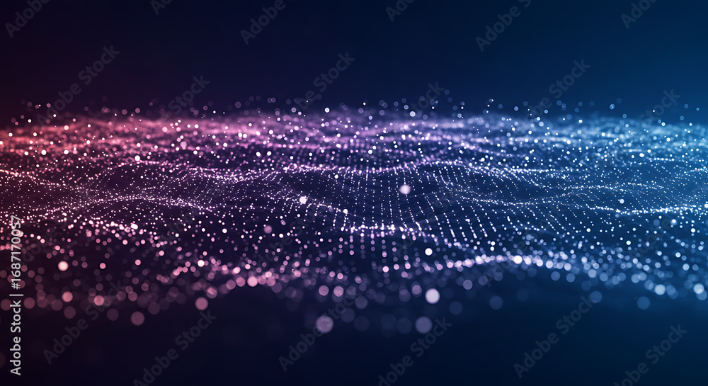 Poster digital symphony: a captivating digital display of shimmering, flowing particles creates a mesmerizi