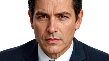 Confident businessman portrait with serious expression in suit and tie on the transparent background
