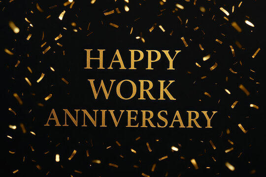 Happy work anniversary message with gold confetti on black background creates festive and joyful atmosphere perfect for celebrating professional milestones and achievements